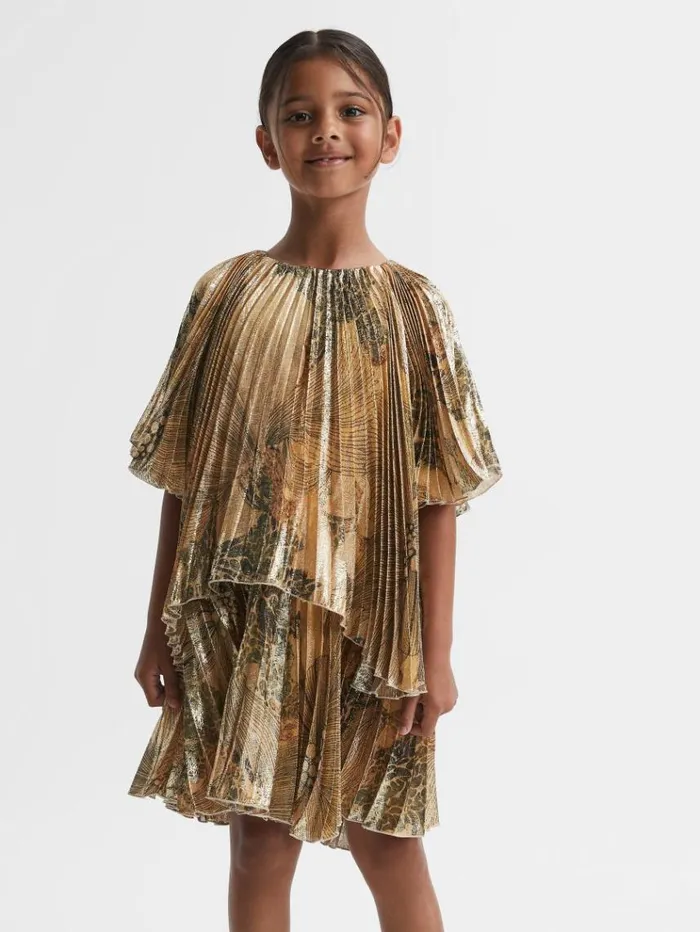 REISS Dresses Children Metallic Pleated Tiered Dress Gold