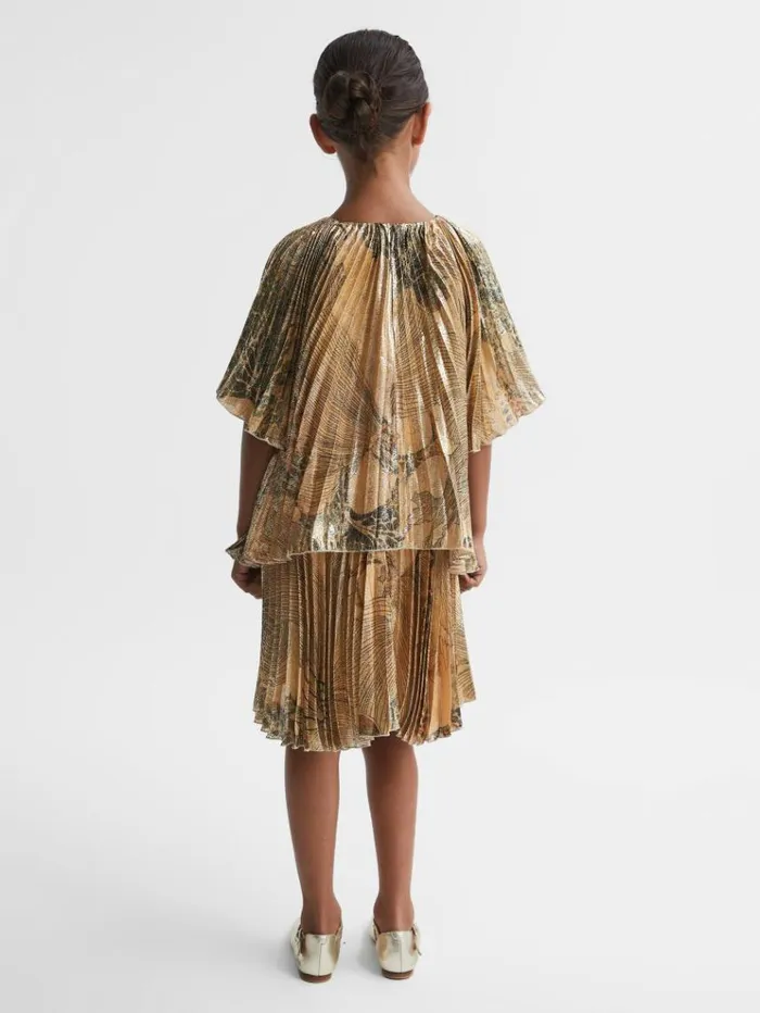 REISS Dresses Children Metallic Pleated Tiered Dress Gold