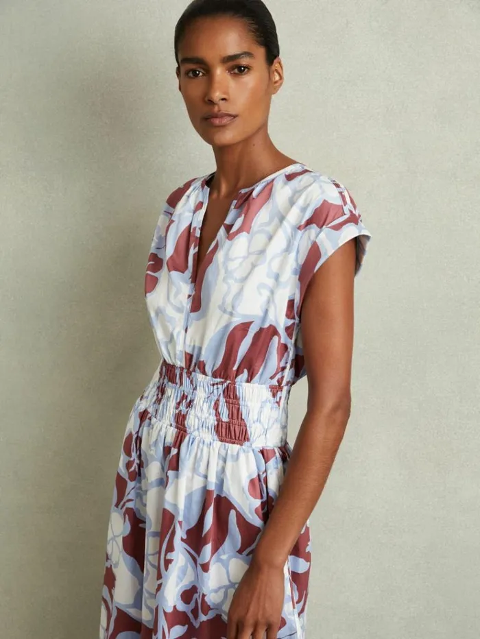 REISS Dresses Women 100 Cotton Poplin FloralPrint Midi Dress Blue