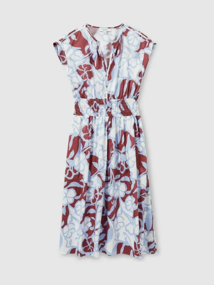 REISS Dresses Women 100 Cotton Poplin FloralPrint Midi Dress Blue