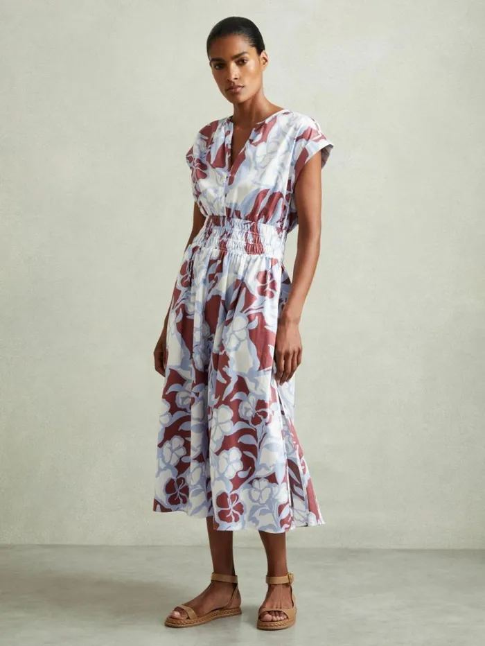 REISS Dresses Women 100 Cotton Poplin FloralPrint Midi Dress Blue