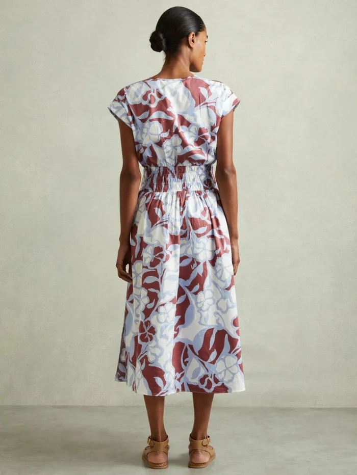 REISS Dresses Women 100 Cotton Poplin FloralPrint Midi Dress Blue
