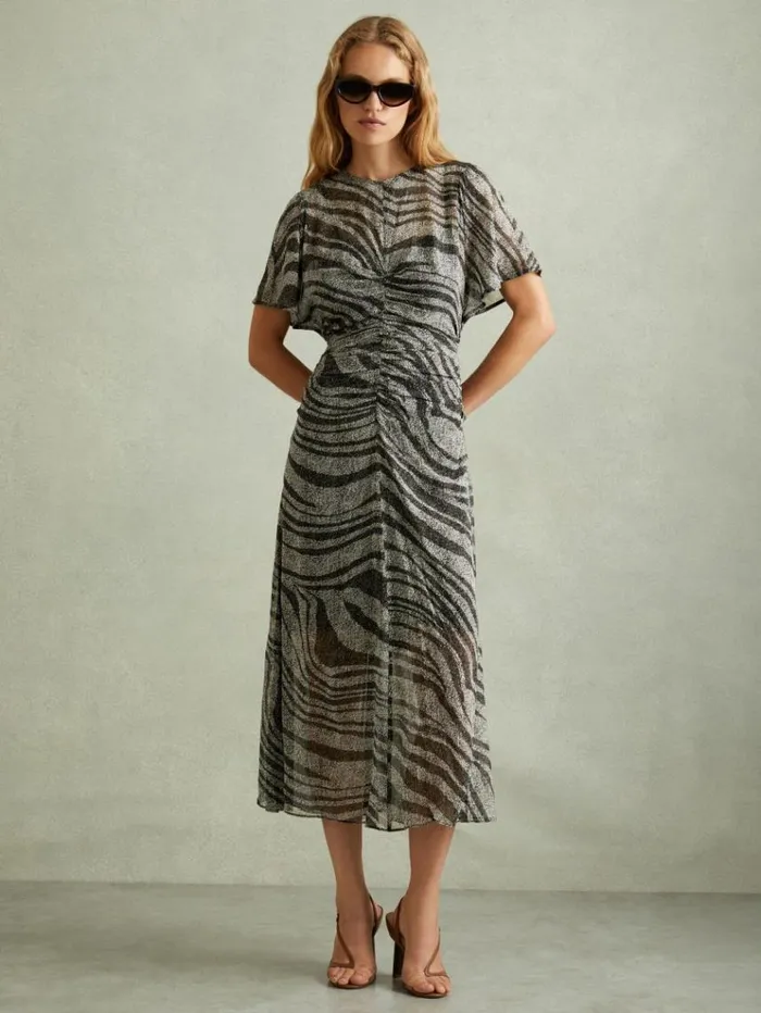 REISS Dresses Women Animal Printed Midi Dress Blackgrey