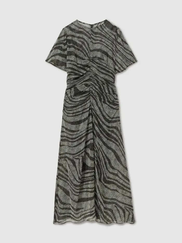 REISS Dresses Women Animal Printed Midi Dress Blackgrey
