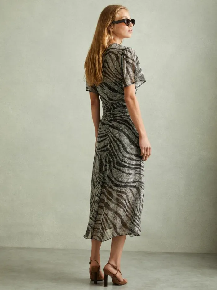 REISS Dresses Women Animal Printed Midi Dress Blackgrey