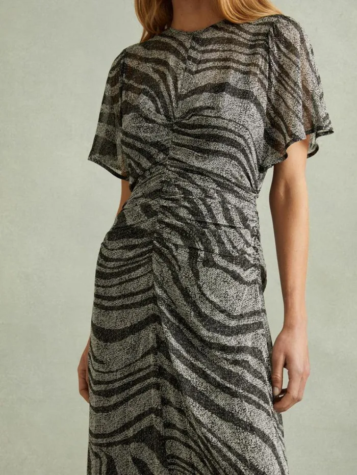 REISS Dresses Women Animal Printed Midi Dress Blackgrey