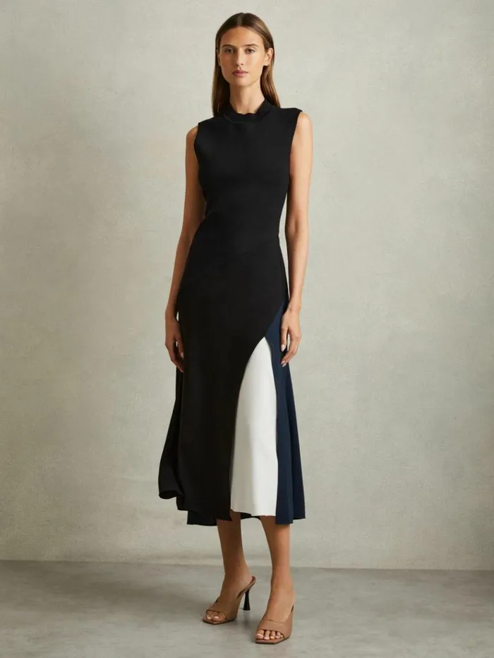REISS Dresses Women Block Colour Crepe Midi Dress Black