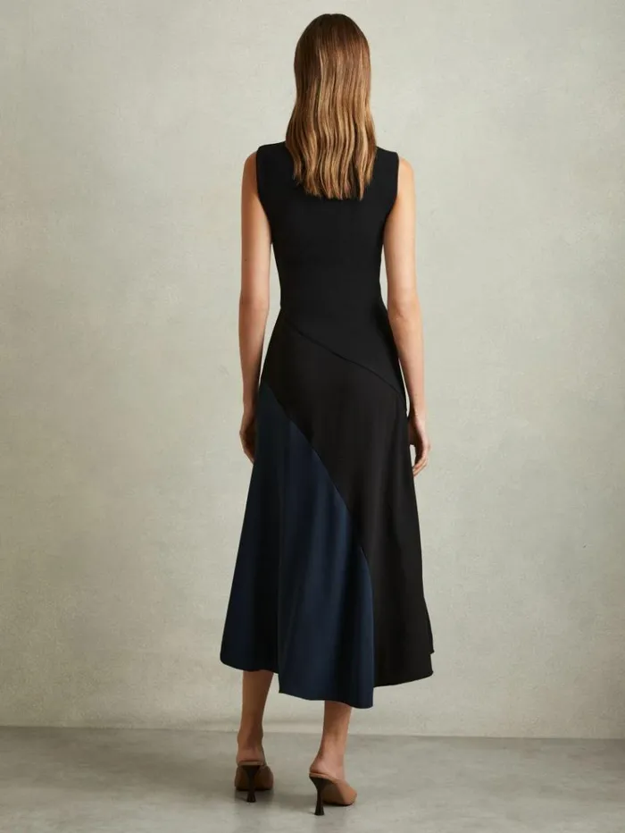 REISS Dresses Women Block Colour Crepe Midi Dress Black