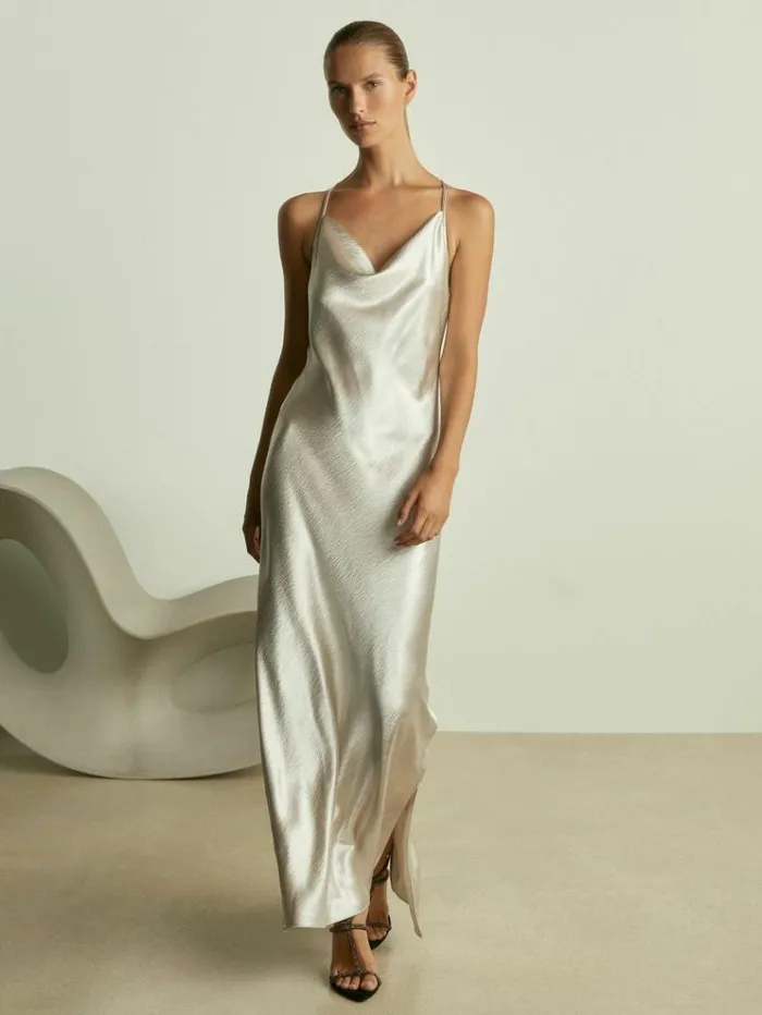 REISS Dresses Women Cowl Neck Hammered Satin Slip Dress Silver
