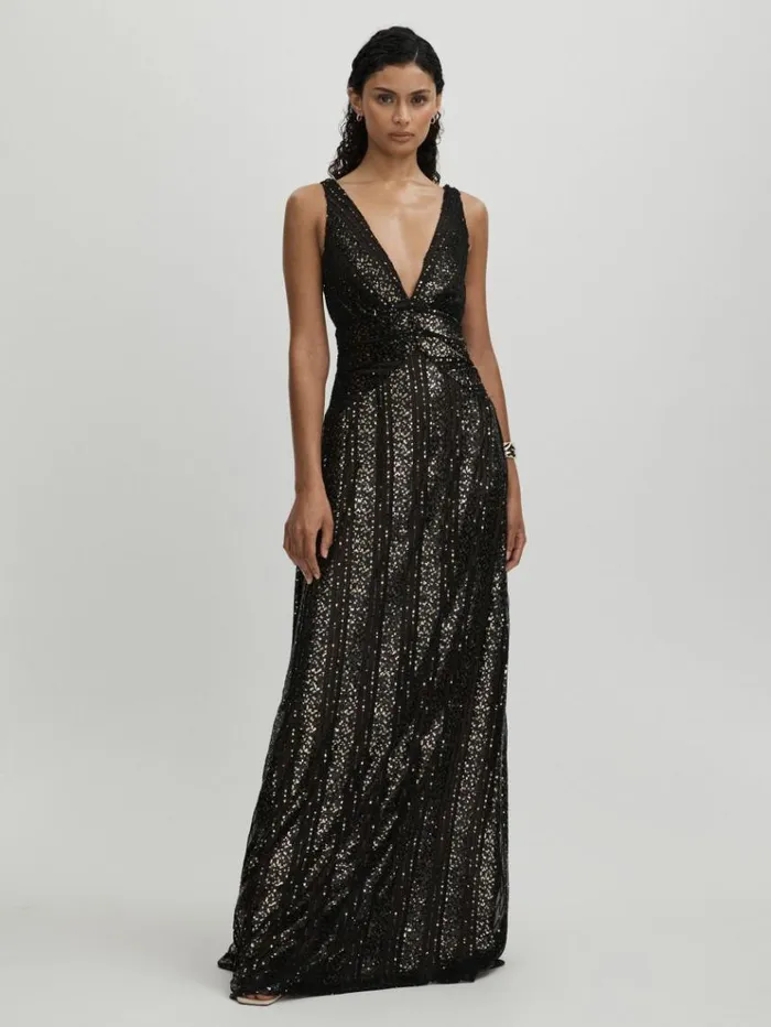 REISS Dresses Women Halston Plunge Neck Sequin Maxi Dress Black