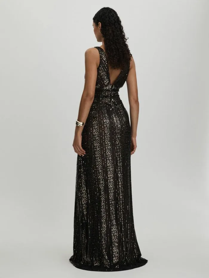 REISS Dresses Women Halston Plunge Neck Sequin Maxi Dress Black