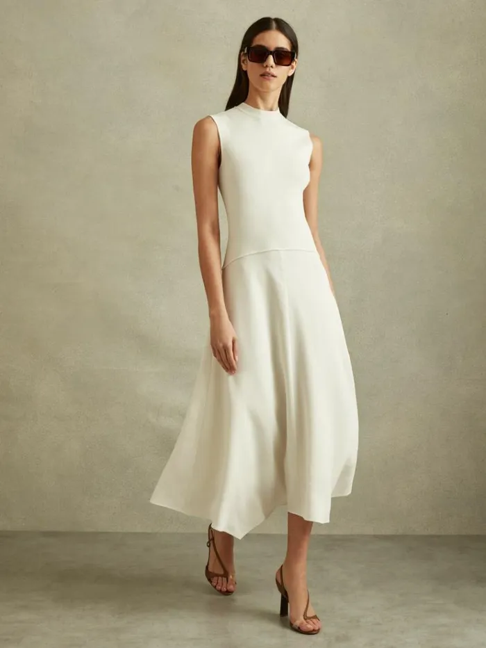 REISS Dresses Women Hybrid Knit Tie Back Midi Dress Ivory