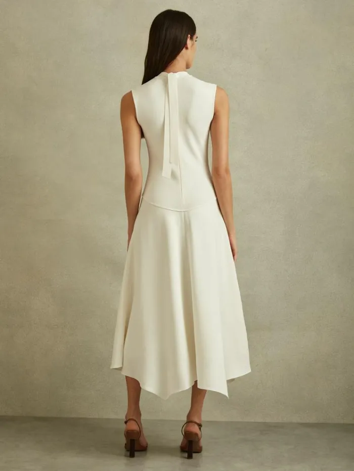 REISS Dresses Women Hybrid Knit Tie Back Midi Dress Ivory