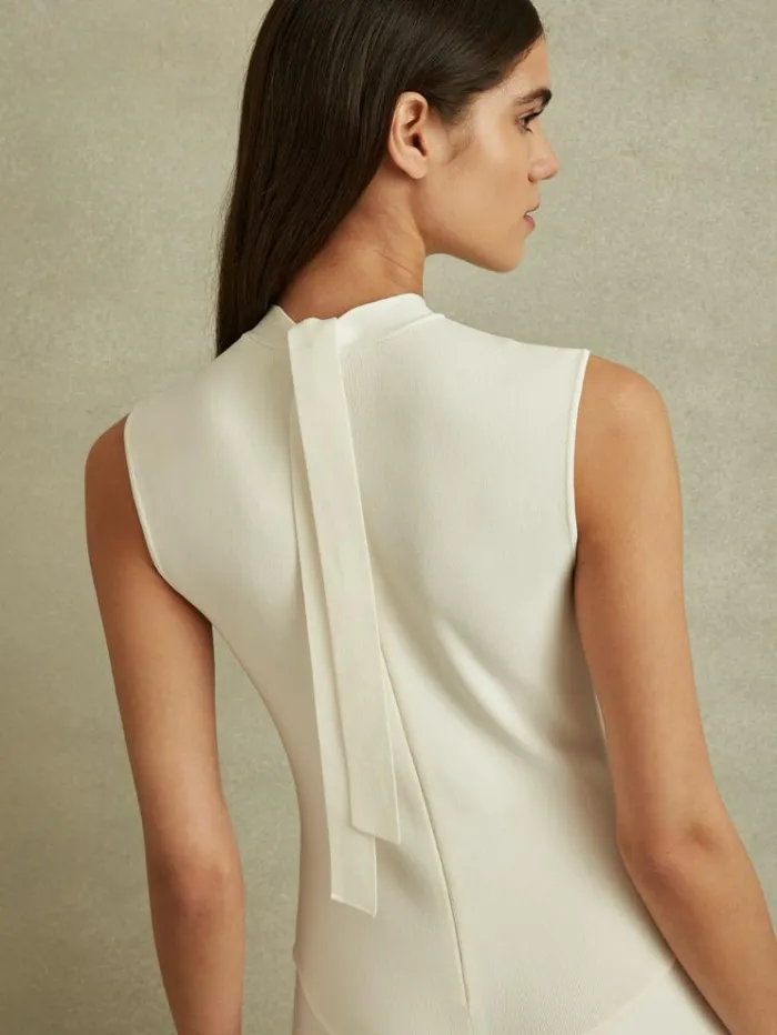 REISS Dresses Women Hybrid Knit Tie Back Midi Dress Ivory