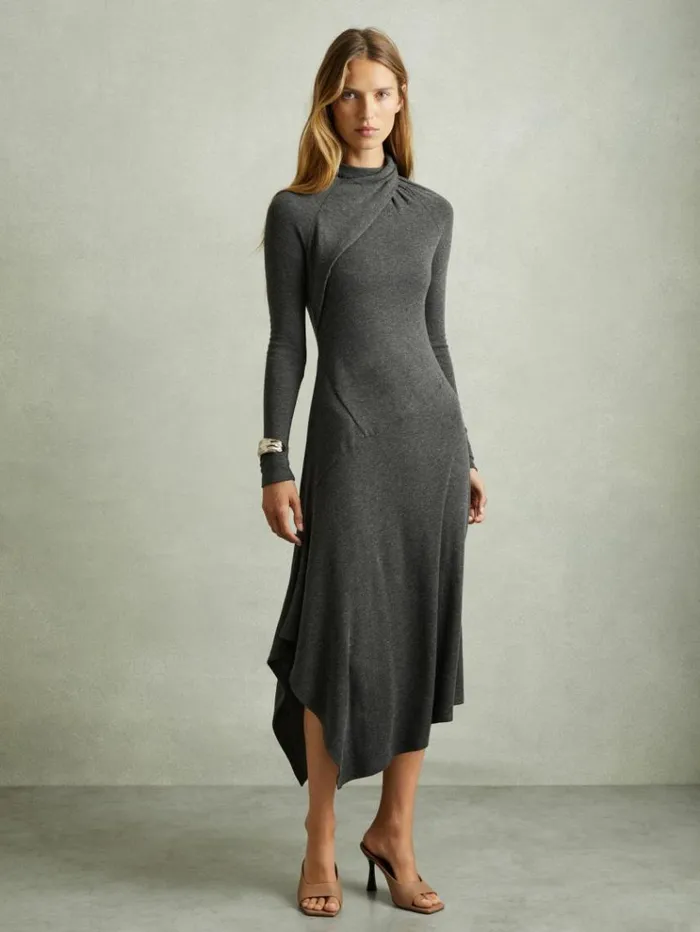 REISS Dresses Women Jersey Drape Asymmetric Midi Dress Grey