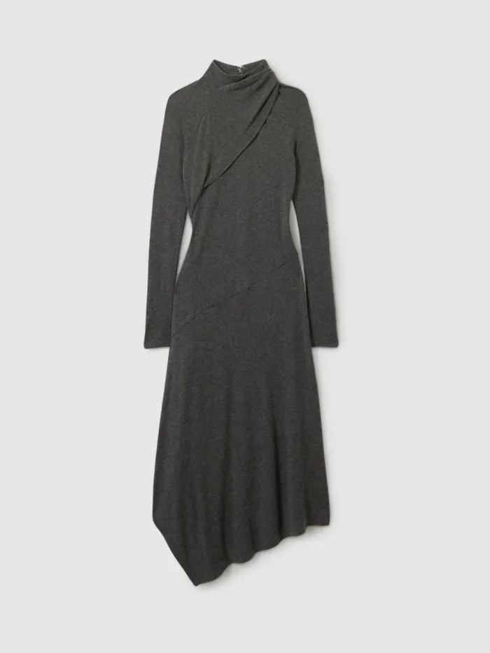 REISS Dresses Women Jersey Drape Asymmetric Midi Dress Grey