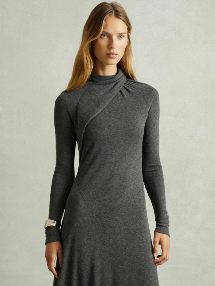 REISS Dresses Women Jersey Drape Asymmetric Midi Dress Grey
