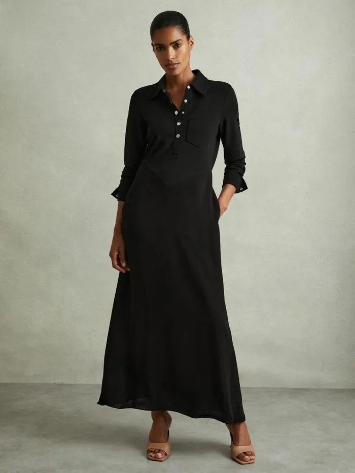 REISS Dresses Women Jersey Polo Maxi Dress Black