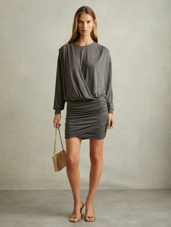 REISS Dresses Women Jersey Ruched Blouson Sleeve Mini Dress Grey