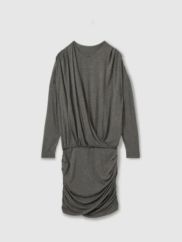 REISS Dresses Women Jersey Ruched Blouson Sleeve Mini Dress Grey