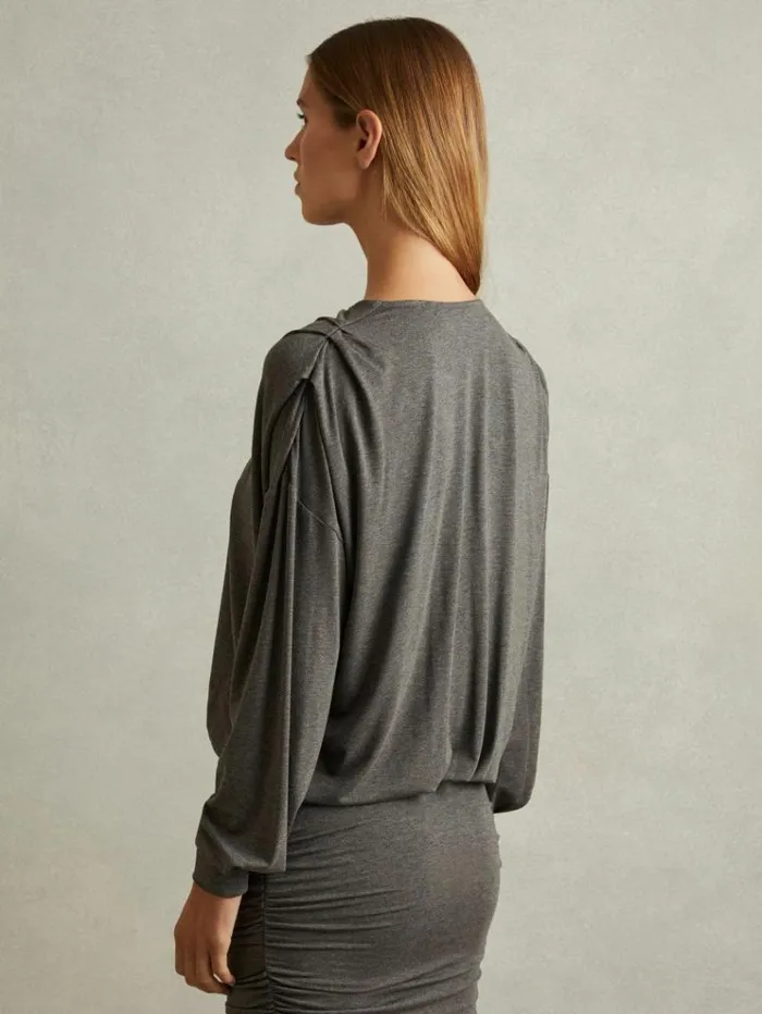 REISS Dresses Women Jersey Ruched Blouson Sleeve Mini Dress Grey