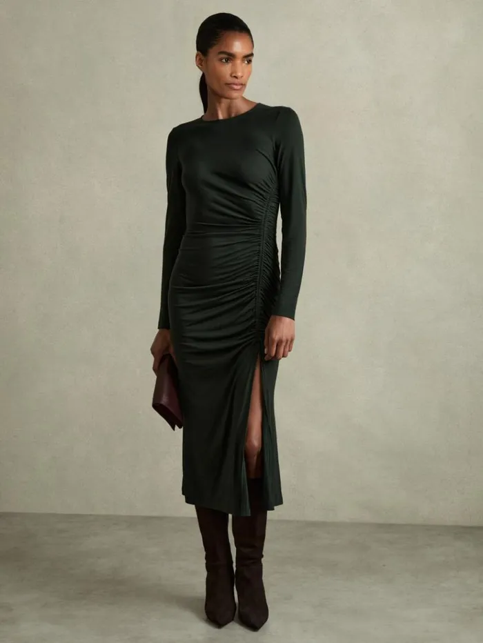 REISS Dresses Women Jersey Ruched Midi Dress Dark Green