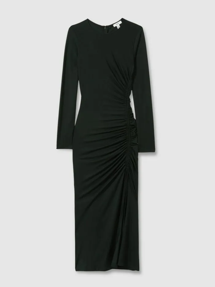 REISS Dresses Women Jersey Ruched Midi Dress Dark Green