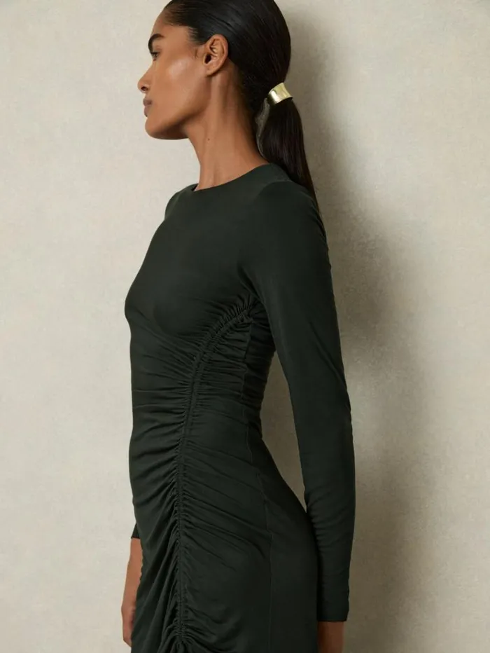REISS Dresses Women Jersey Ruched Midi Dress Dark Green