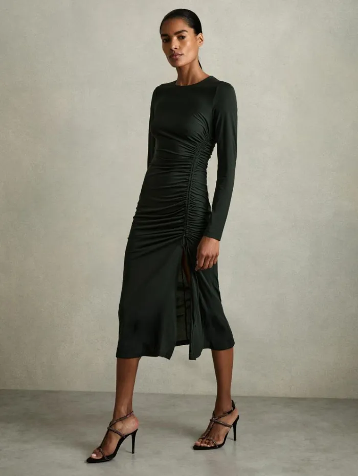 REISS Dresses Women Jersey Ruched Midi Dress Dark Green