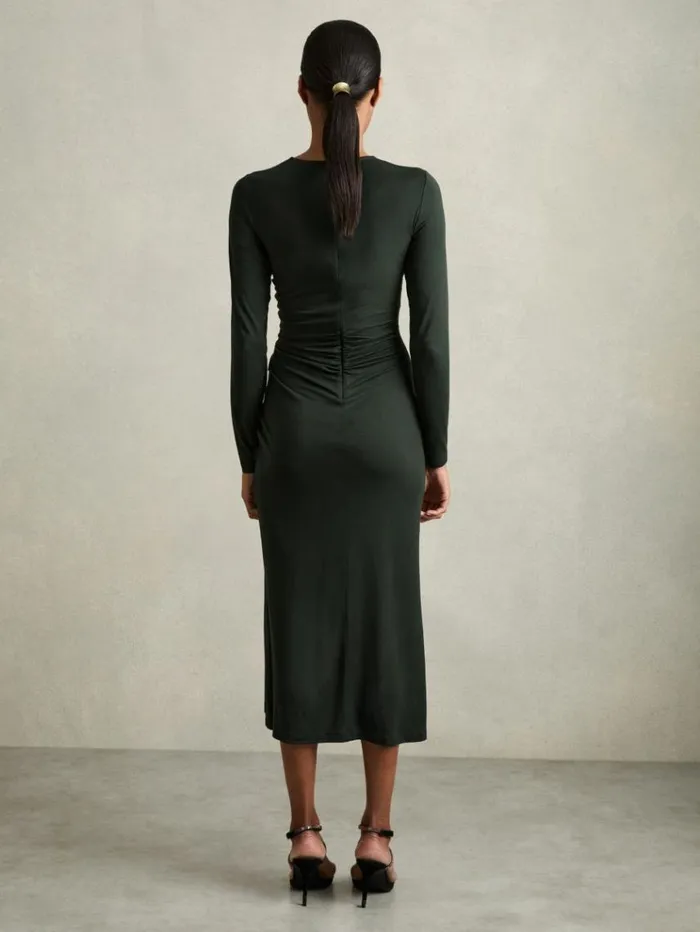 REISS Dresses Women Jersey Ruched Midi Dress Dark Green