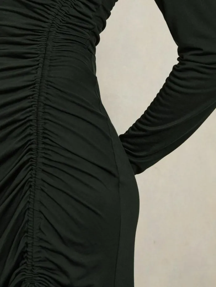 REISS Dresses Women Jersey Ruched Midi Dress Dark Green