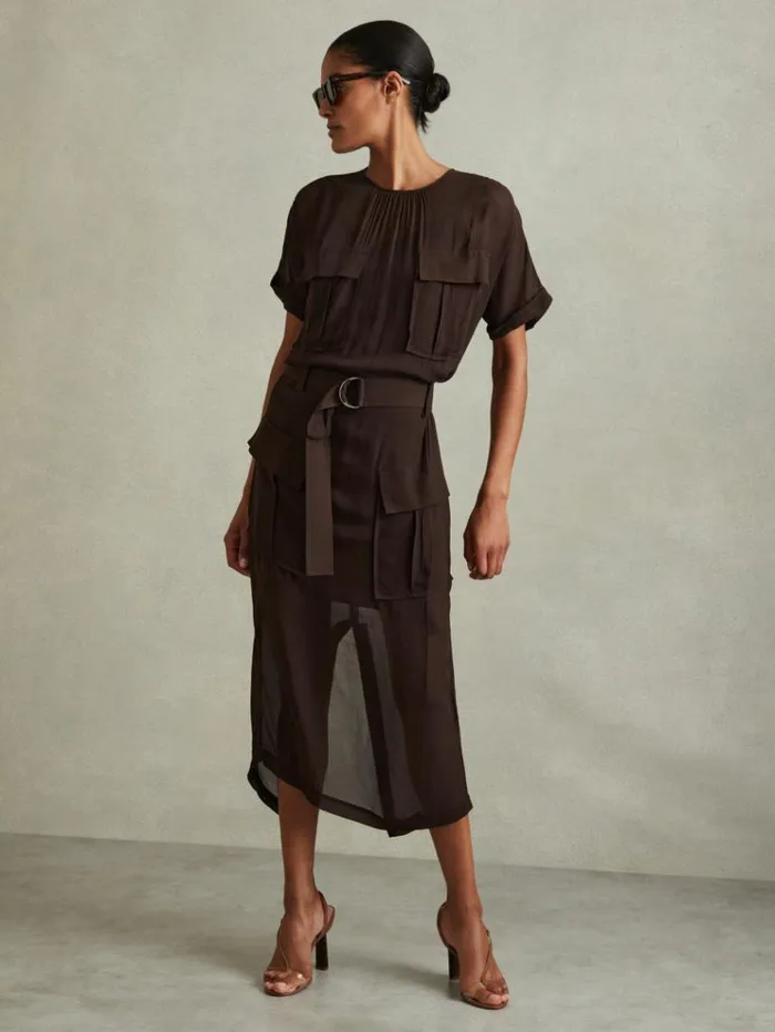 REISS Dresses Women Mesh Utility Belted Midi Dress Chocolate