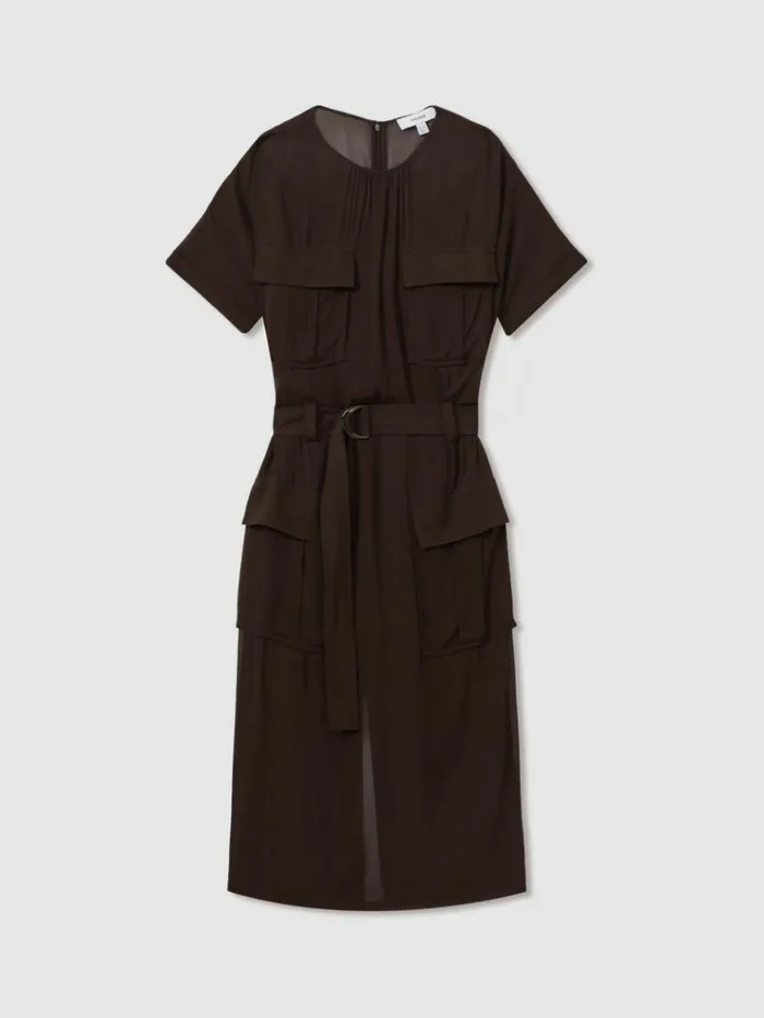 REISS Dresses Women Mesh Utility Belted Midi Dress Chocolate