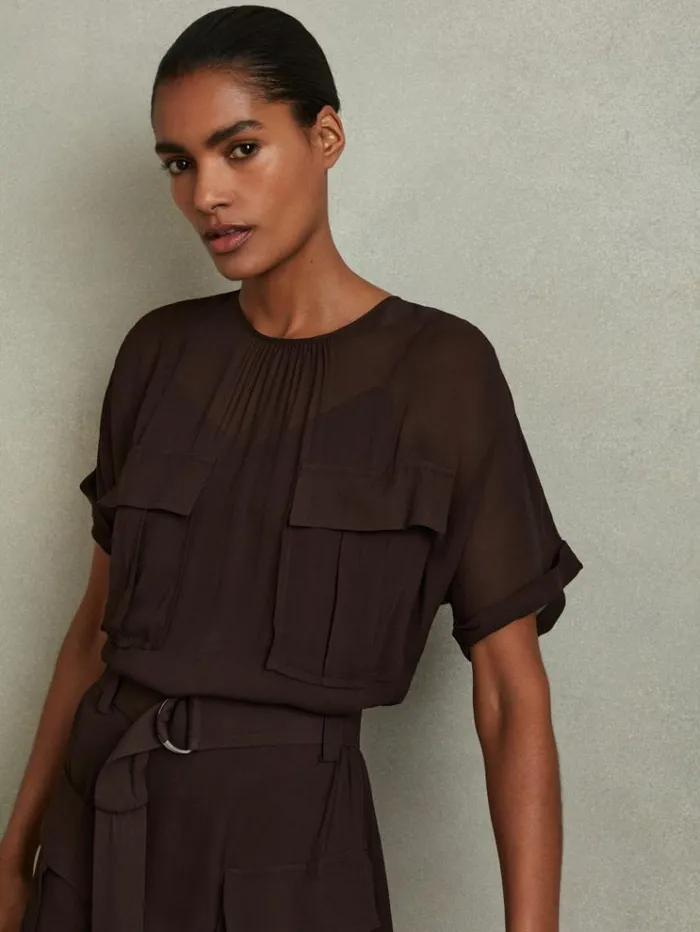 REISS Dresses Women Mesh Utility Belted Midi Dress Chocolate