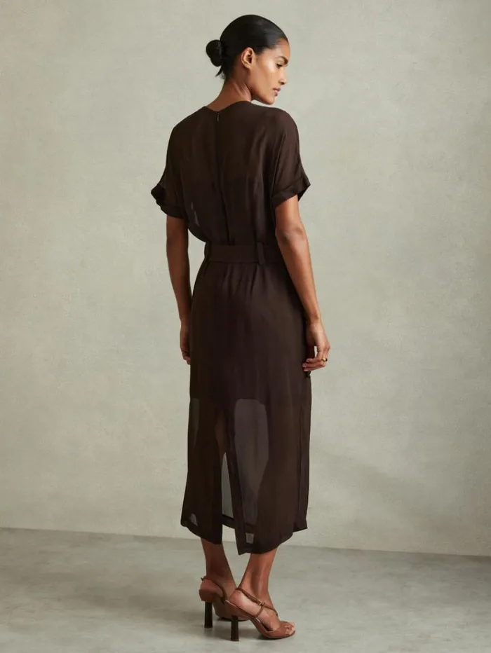 REISS Dresses Women Mesh Utility Belted Midi Dress Chocolate