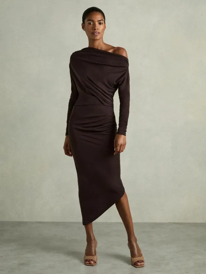 REISS Dresses Women OffTheShoulder Ruched Jersey Midi Dress Brown