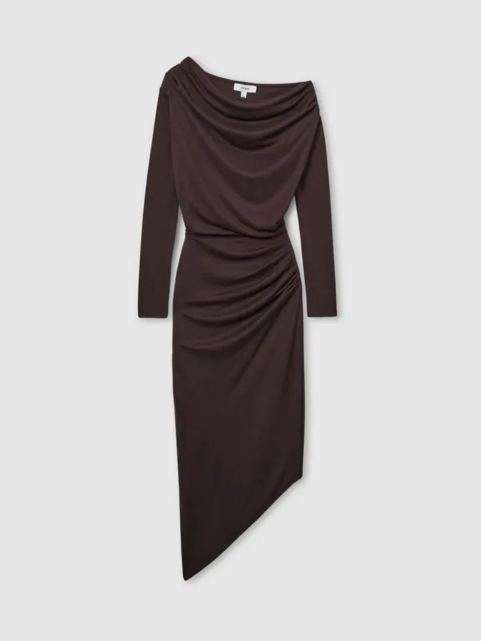 REISS Dresses Women OffTheShoulder Ruched Jersey Midi Dress Brown