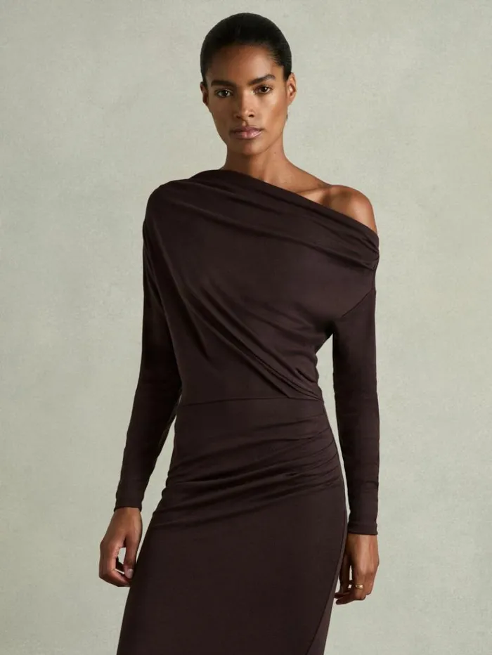 REISS Dresses Women OffTheShoulder Ruched Jersey Midi Dress Brown