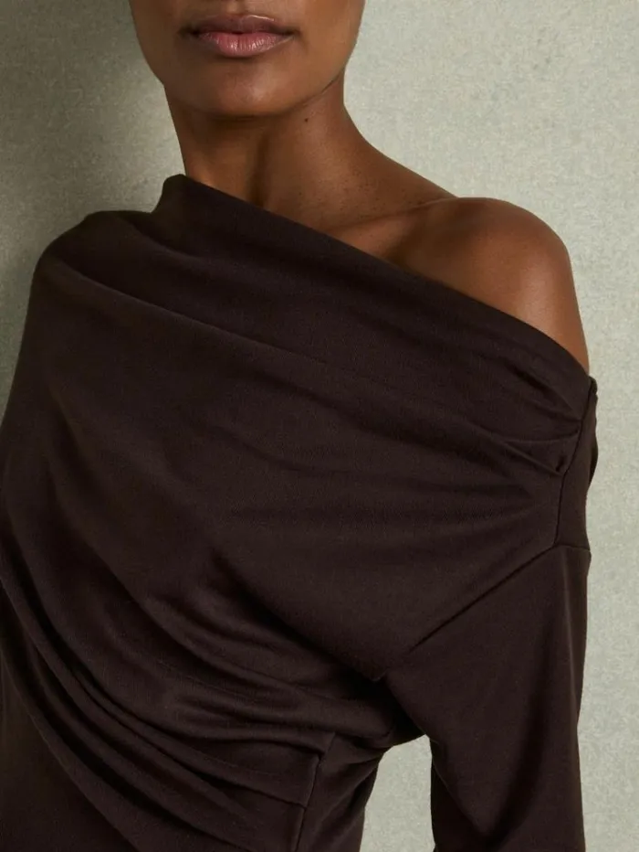 REISS Dresses Women OffTheShoulder Ruched Jersey Midi Dress Brown