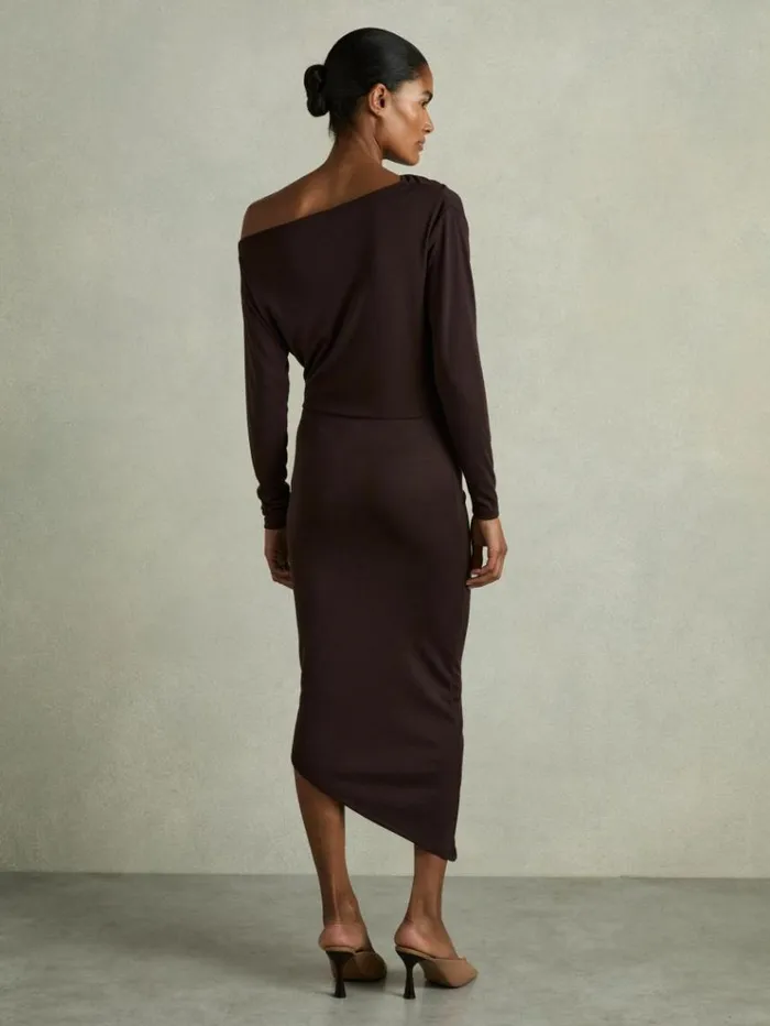 REISS Dresses Women OffTheShoulder Ruched Jersey Midi Dress Brown
