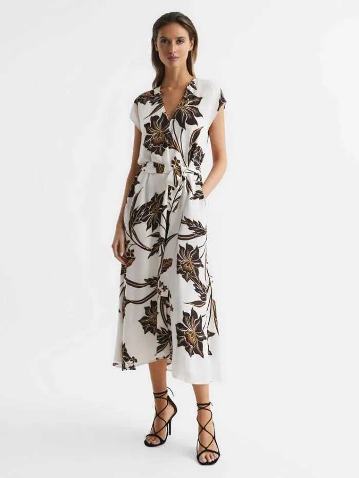 REISS Dresses Women Printed Cap Sleeve Midi Dress Blackwhite