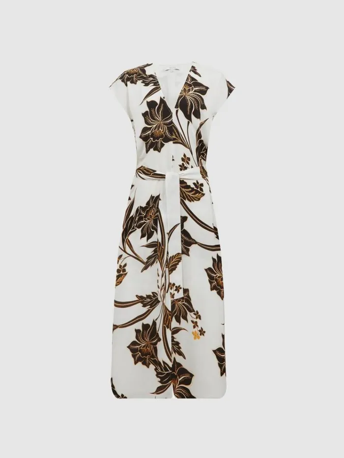 REISS Dresses Women Printed Cap Sleeve Midi Dress Blackwhite