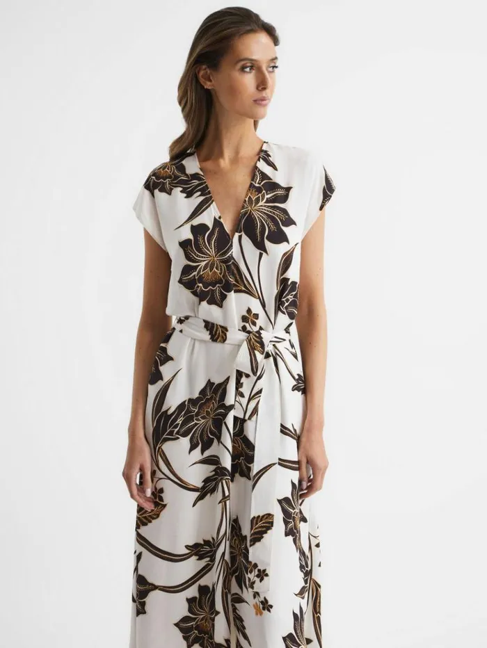 REISS Dresses Women Printed Cap Sleeve Midi Dress Blackwhite