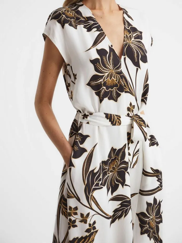 REISS Dresses Women Printed Cap Sleeve Midi Dress Blackwhite