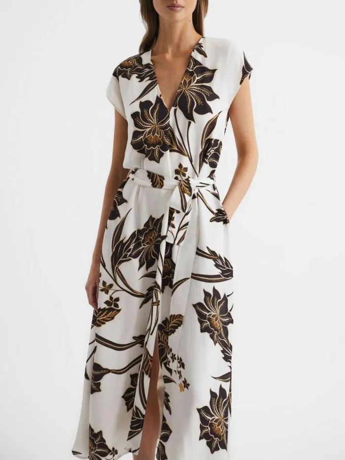 REISS Dresses Women Printed Cap Sleeve Midi Dress Blackwhite