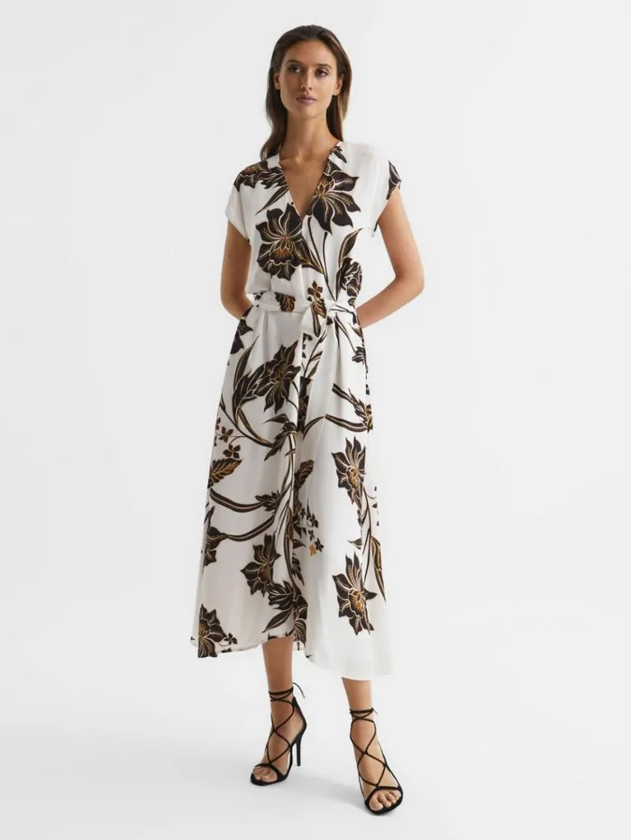 REISS Dresses Women Printed Cap Sleeve Midi Dress Blackwhite