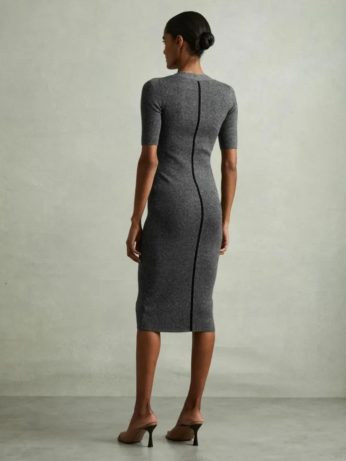 REISS Dresses Women Ribbed Wool Blend Midi Dress Grey