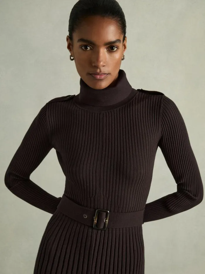 REISS Dresses Women RollNeck Ribbed Mini Dress Brown