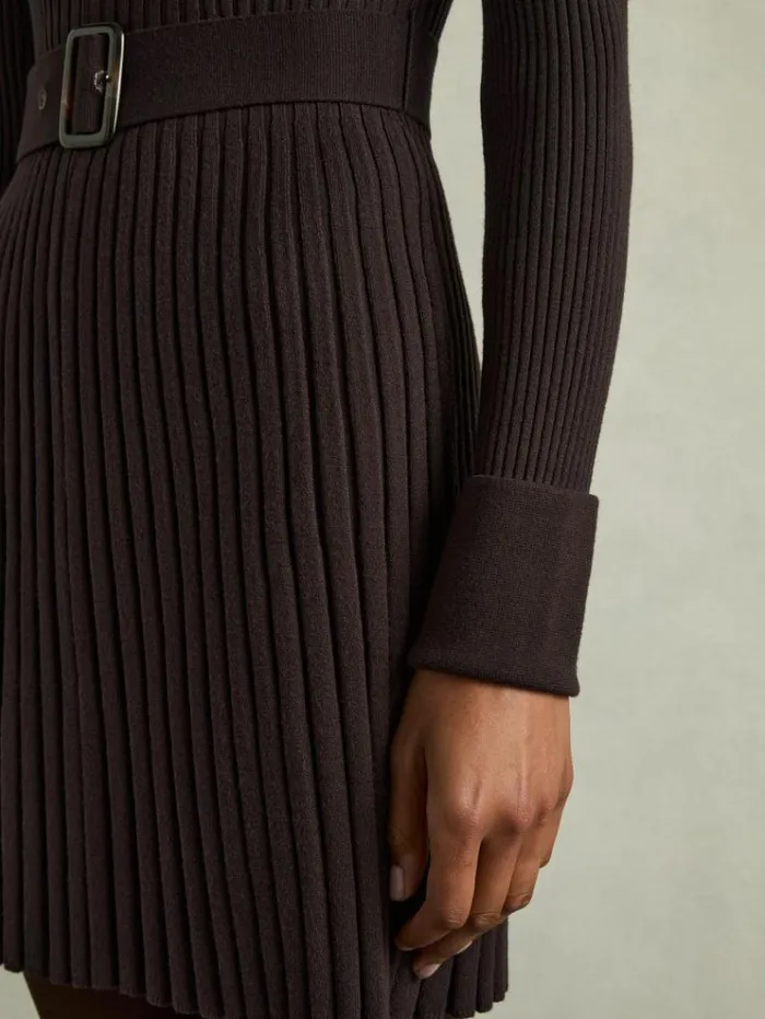 REISS Dresses Women RollNeck Ribbed Mini Dress Brown