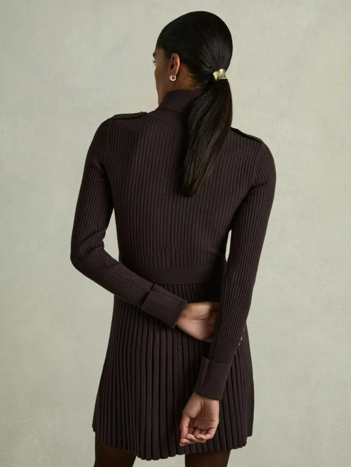 REISS Dresses Women RollNeck Ribbed Mini Dress Brown